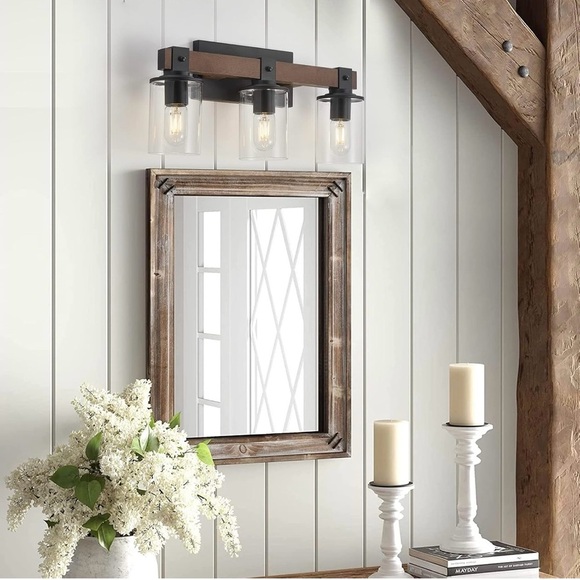 Farmhouse Vanity 3-Light Bathroom Wood Wall Light Over Mirror Clear Glass Shade - Picture 1 of 10